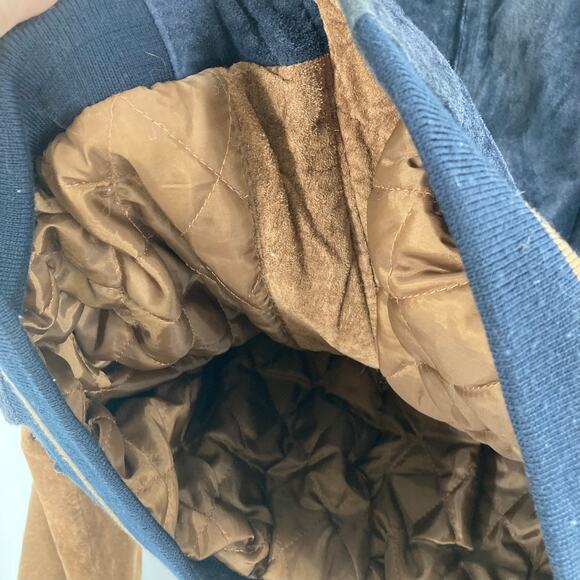 Round tree & York Vintage 90s Y2K Leather Bomber Varsity Black Brown Elbow Patch - Picture 6 of 14